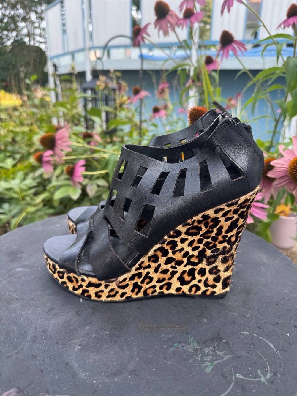 Black Leather Cutout Wedge Sandals with Leopard Print Platform